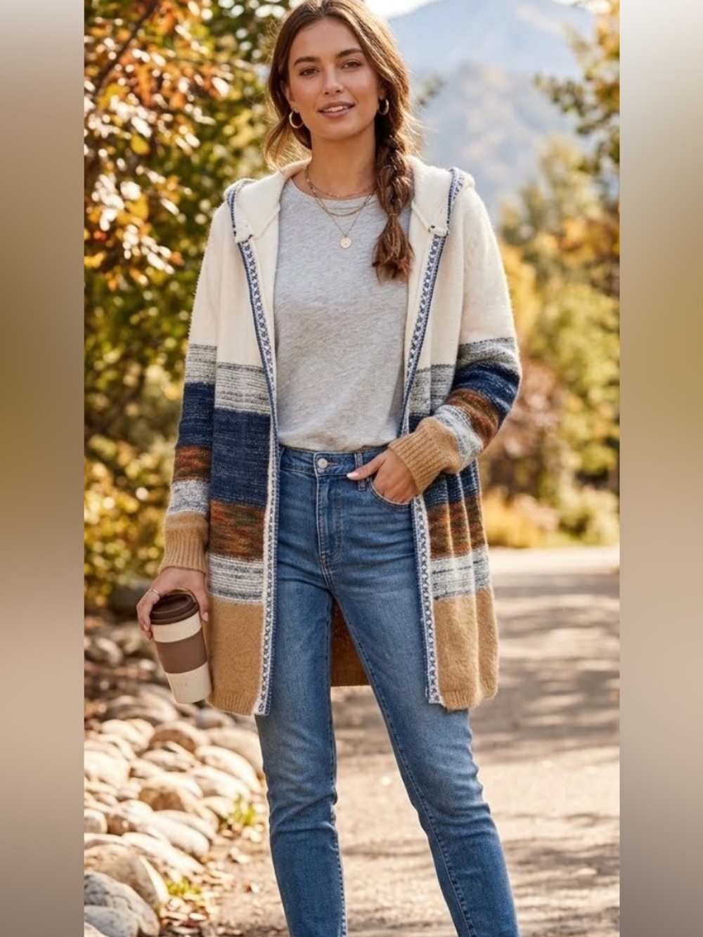 Fate Siana Stiched Cream & Navy Striped Hooded Women's Sweater Cardigan Size Med